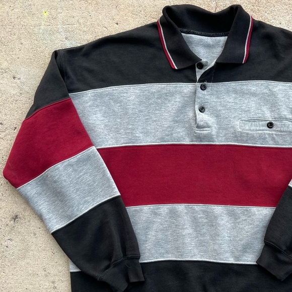 Men’s vintage 80s penguin color block polo red black grey collar sweatshirt gray - Picture 4 of 5